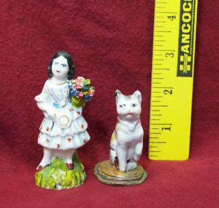 2 Early Antique Small Miniature Staffordshire Figurines Girl W/ Flowers Cat