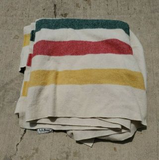 Vintage Ll Bean Cabin Wool Blanket White W/ Green Yellow Red Stripes Rare Huge