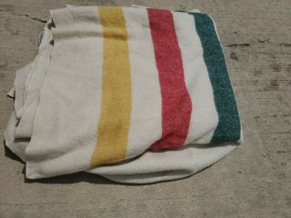 Vintage LL Bean Cabin Wool Blanket White w/ Green Yellow Red Stripes Rare Huge 2