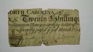 1754 Twenty Shillings North Carolina Nc Colonial Currency Note Rare