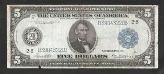 Rare 1914 Five Dollar Federal Reserve Note Large Size York,  Ny $5
