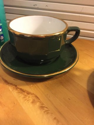 Vintage Apilco Porcelain Gold Rimmed Dark Green Tea Set Made In France Coffee 2