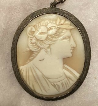 Antique Sterling Silver Figural Greek Roman Lady Bust Cameo Old Necklace Pendant