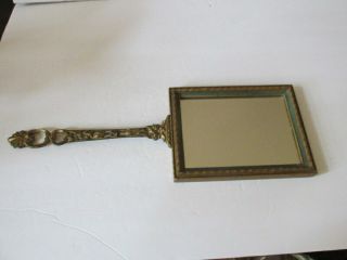 Antique Vintage Brass Hand Held Vanity Mirror With Wood Victorian Lady