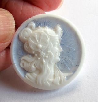 Antique Glass Button Art Nouveau Woman ' s profile on Blue,  Whimsical,  Box shank 2