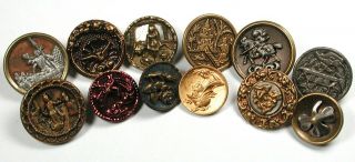 12 Antique Brass & Metal Buttons With Various Pictorial Designs - 1/2 - 11/16 "