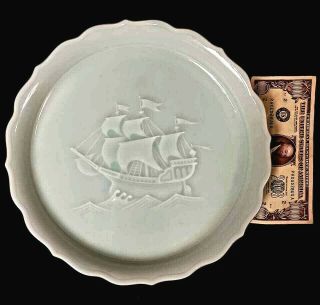 Large Chinese Celadon Porcelain Plate W Old Sailing Ship Unknown Age & Mark