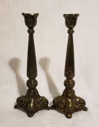 Pair Mid Century Antique Ornate 10 " Brass/bronze Metal Candle Holders