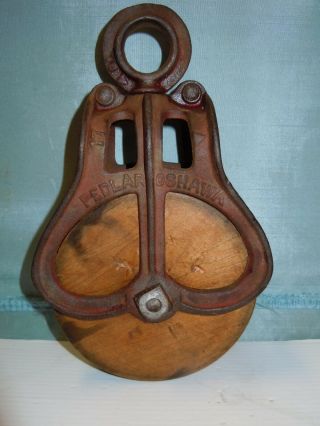 Antique Cast Iron & Wood Pulley Block And Tackle Barn Hay Trolley Vintage Pedlar