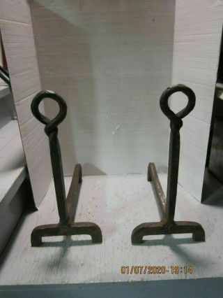 Antique Vintage Iron Hand Forged Fireplace Andirons Twisted.