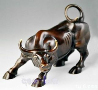 Antique Figurine Lucky Wall Street Bronze Fierce Bull Ox Unique Statue 8inch