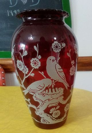 Czech Bohemian ??? Cut To Clear Ruby Red Glass Vase Birds Feeding Babys
