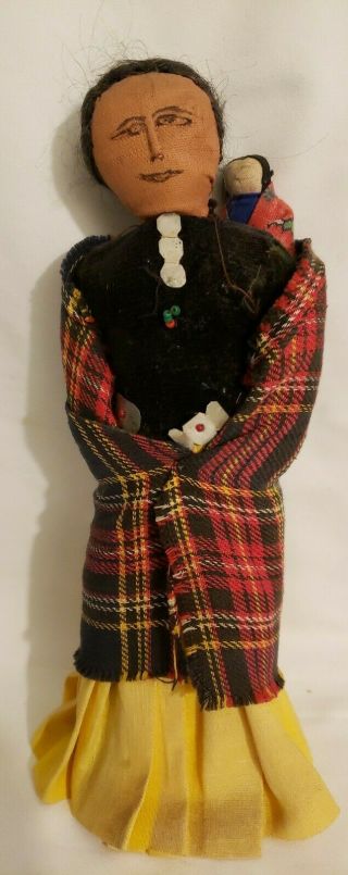 Antique 8 " Native American Indian Hand Made Navajo Cloth Woman With Papoose Doll