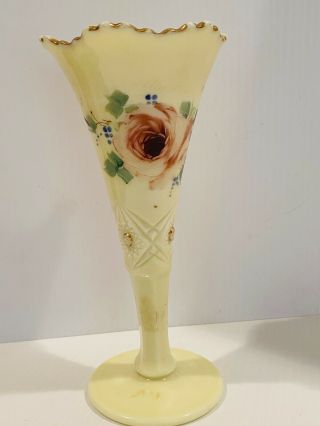 Antique Custard Glass Trumpet Vase Hand Painted Diamond Gold Trim 8”