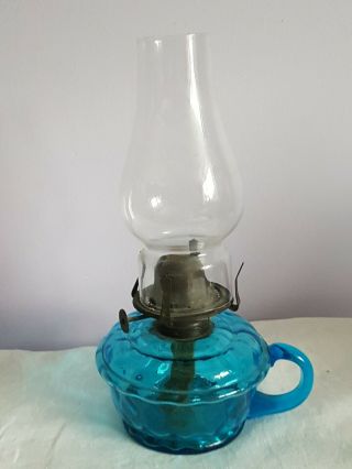 Vintage Blue Glass Paraffin Oil Lamp With Glass Chimney & Handle