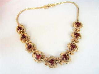 Very Rare Vintage Signed " Reja " Open Back Red Floral Glass Molded Leaf Necklace