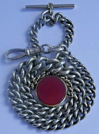 Antique Silver Plated Pocket Watch Albert Chain And Gem Set Spinning Fob