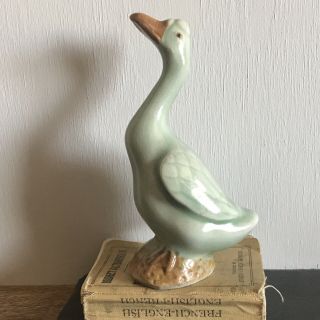 Vintage Chinese Celadon Duck Figurine 4” Porcelain Duck Celadon Glazed Duck