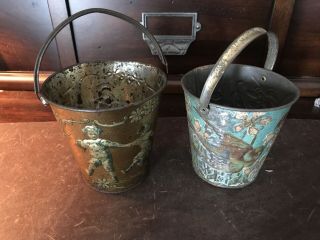Two Antique Victorian Embossed Tin Sand Pail Toys