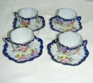 Vintage Porcelain Tea Cups & Saucers Set Of 4 Cobalt Blue Pink Floral Design