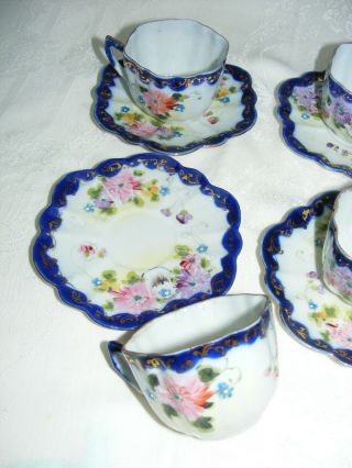 Vintage Porcelain Tea Cups & Saucers Set of 4 Cobalt Blue Pink Floral Design 2
