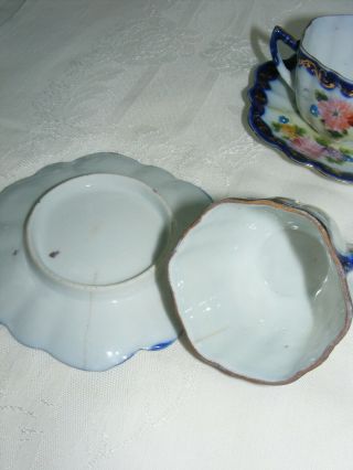 Vintage Porcelain Tea Cups & Saucers Set of 4 Cobalt Blue Pink Floral Design 3
