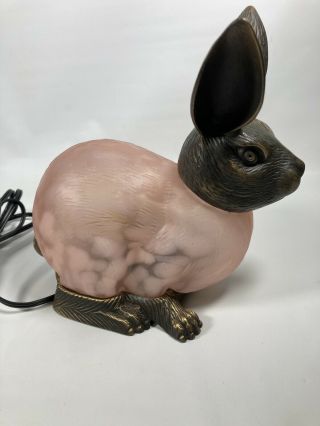 Vtg 1996 Tin Chi Pink Frosted Glass And Brass Rabbit Table Lamp Night Light Rare