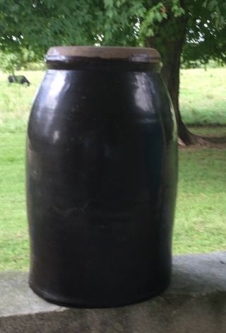 Antique Primitive Wax Sealer Pottery Crock Jar Albany Slip Glaze Half Gallon