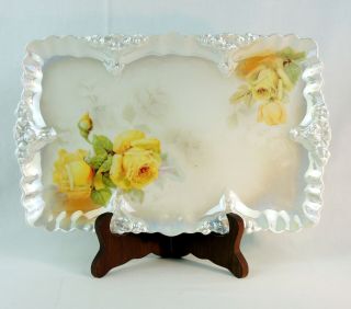 Antique Lusterware Rectangle Dresser Vanity Tray Yellow Roses 11” X 7 " Germany