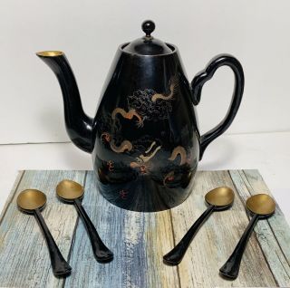Antique Chinese Foochow Hand Painted Black Lacquered Teapot 4/spoons Dragons