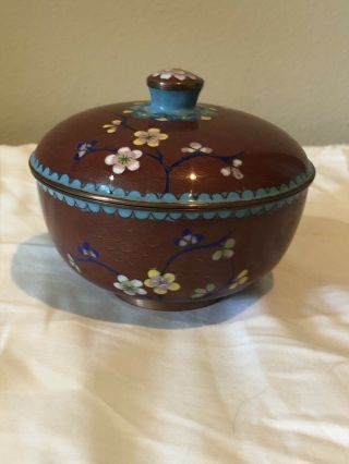 Antique Chinese Brass & Cloisonne Round Trinket Box With Lid 3” X 4 1/2”