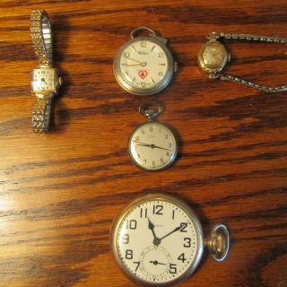 Clocks Watches (5) Elgin Bulova Gruen Webster Lady Calvert Antiques