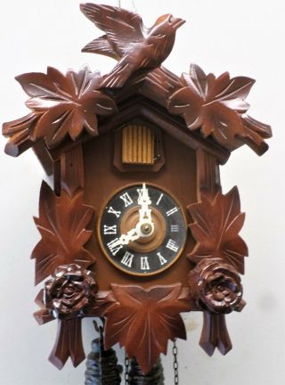 Rare Rustic German Black Forest Unusual Hand Carved Roses & Bird Cuckoo Clock