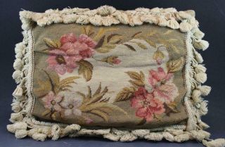Semi Antique Wool Needlepoint Decorative Throw Pillow W/ Tassels Pink Flowers