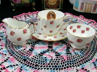 Aynsley Queen Elizabeth Pink Roses Tea Cup & Saucer Creamer & Sugar