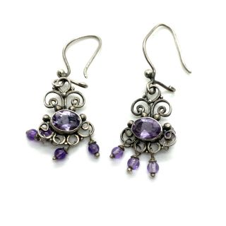 Antique Sterling Silver And Amethyst Drop Earrings 152