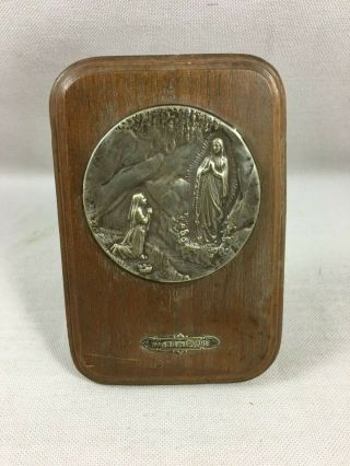 Antique French Table Medal Of Nd Lourdes Virgin Mary Ste Bernadette Stand Wood