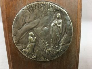 Antique french table medal of ND Lourdes Virgin Mary Ste Bernadette stand wood 2