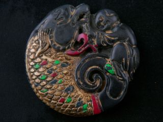 Wonderful Antique Chinese Jade Hand Painted Boy & Dragon - Fish Pendant C070