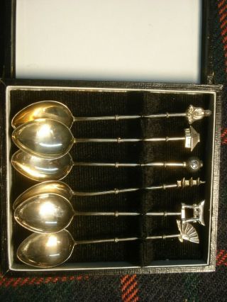 Set Of 6 Vintage 4 - 1/2 " Boxed Japanese Sterling Silver Souvenir Spoons 35g