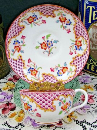 BROWN WESTHEAD MOORE (CAULDON) WAFFLE PATTERN FLORAL TEA CUP AND SAUCER 2