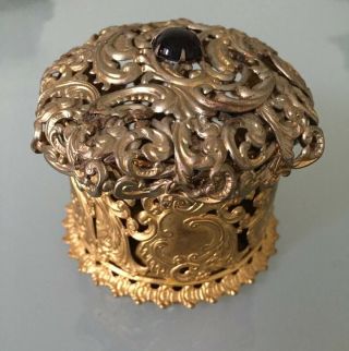 Antique Victorian Black Onyx Filigree Trinket Jewelry Keepsake Box Gold Brass