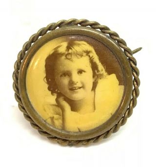 Antique Victorian Pretty Child Photo Mourning Memorial Pin Brooch Sepia C Clasp