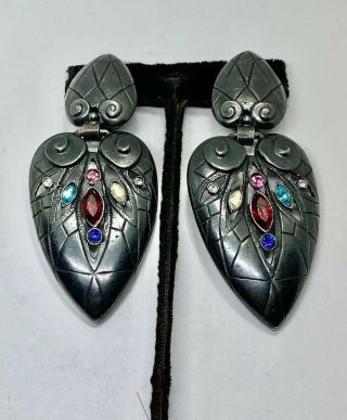 Vintage Antiqued Sterling Silver 2 Heart Drop/dangle Multi Stone Clip Earrings