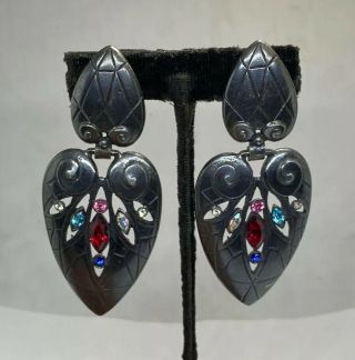 Vintage Antiqued Sterling Silver 2 Heart Drop/Dangle Multi Stone Clip Earrings 2