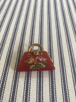 Rare Vintage Red Petit Point Needlepoint Floral Purse Handbag Pin Brooch