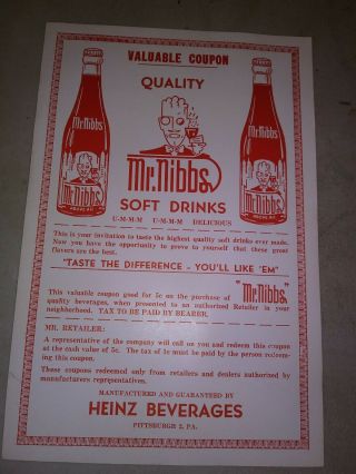 Rare 1940s Heinz Mr.  Nibbs Bottle Coupon 6x9 Advertising Soda Pittsburgh Pa