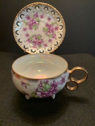 Royal Sealy Lusterware Teacup & Saucer Violet Flower Iridescent Gold Reticulated