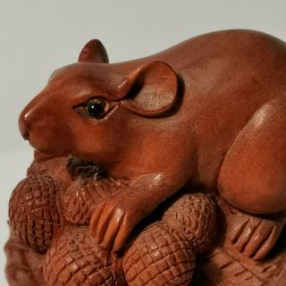 Netsuke Carved Wood Japanese Figure Of A Mouse Sitting On A Basket Of Lichees