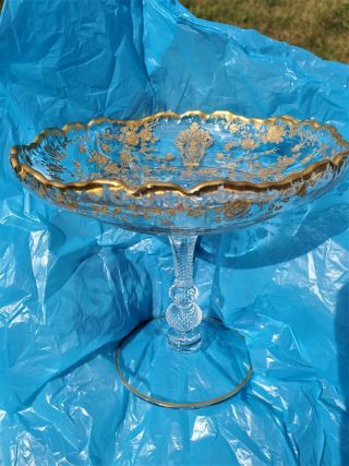 Htf Antique Cambridge Crystal Rose Point Gold Encrusted Compote Candy 6 "